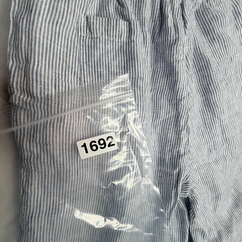 Quince Linen Pants XS Blue White Striped Elastic Waist Straight Leg Trousers